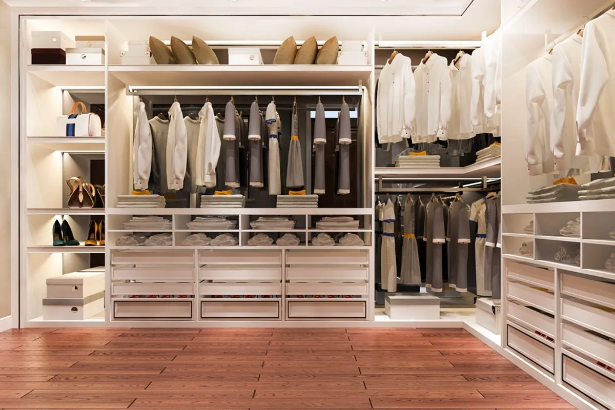 3d Rendering Luxury Scandinavian Wood Walk In Closet With Wardrobe And Make Up Table